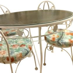 Wrought Iron Vintage Five Piece Glass Dining Set  With  Floral Seats