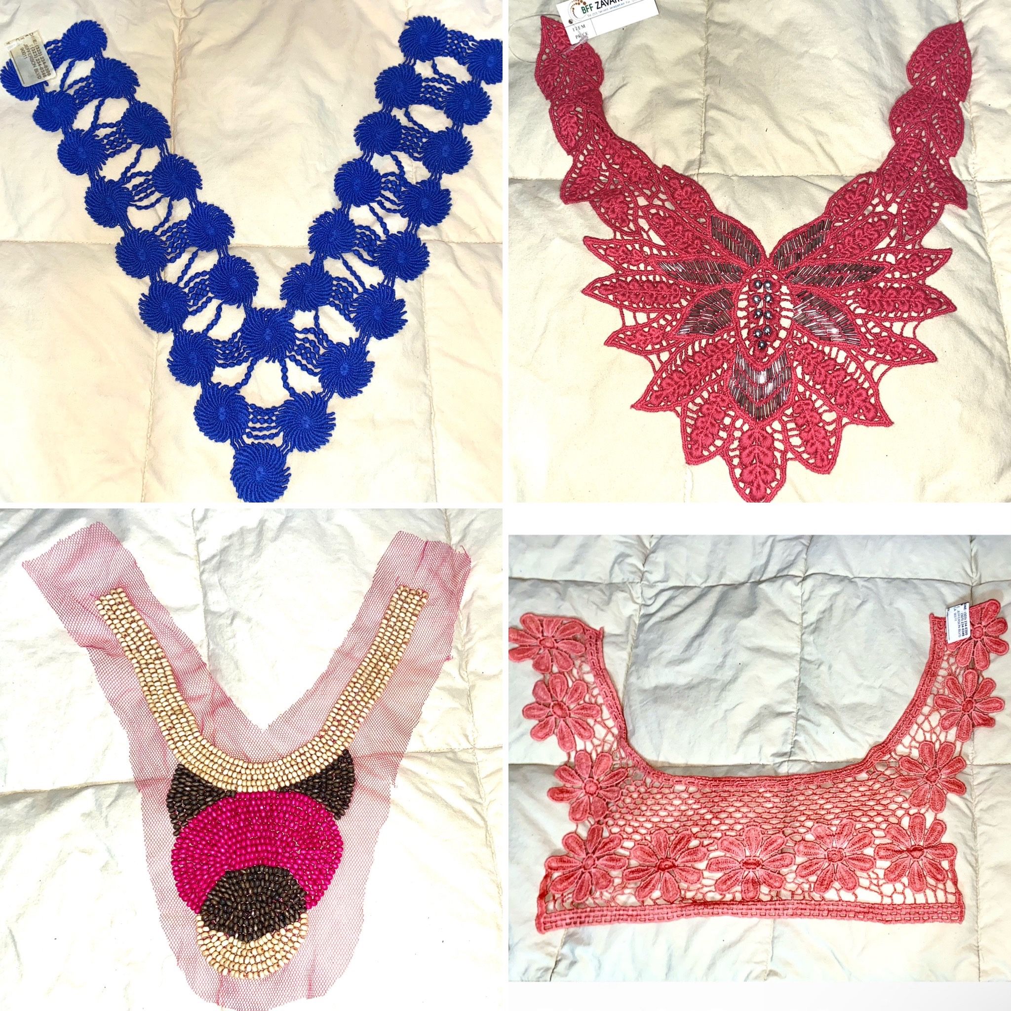 4 Vintage Neck Trim Appliqués for Tops Dresses - Black: Lace, Beaded, Ribbon, Ruffle