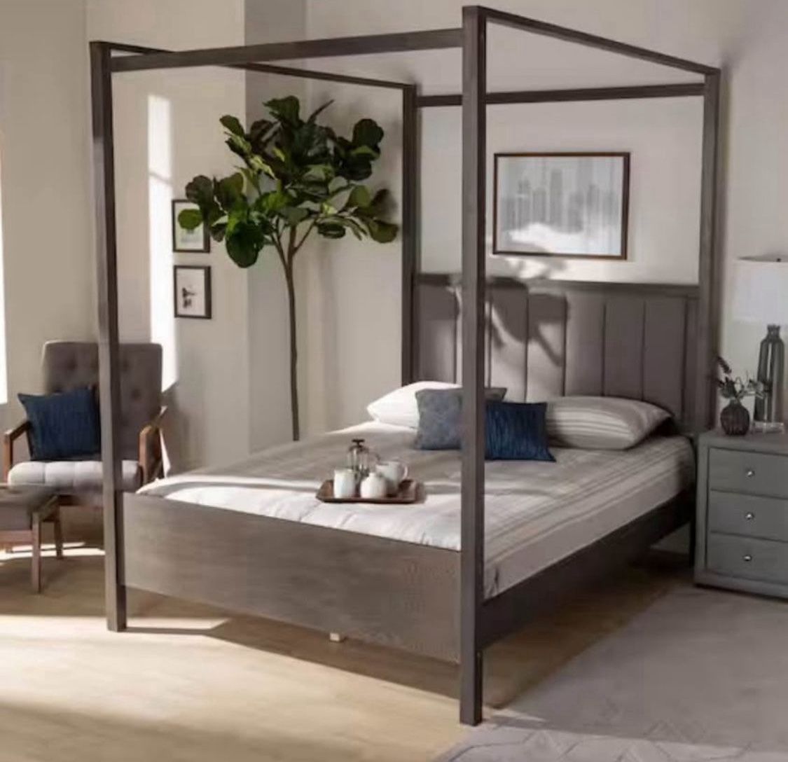 New Queen Size Grey Fabric Upholstered and Dark Grey Oak Finished Wood Platform Canopy Bed