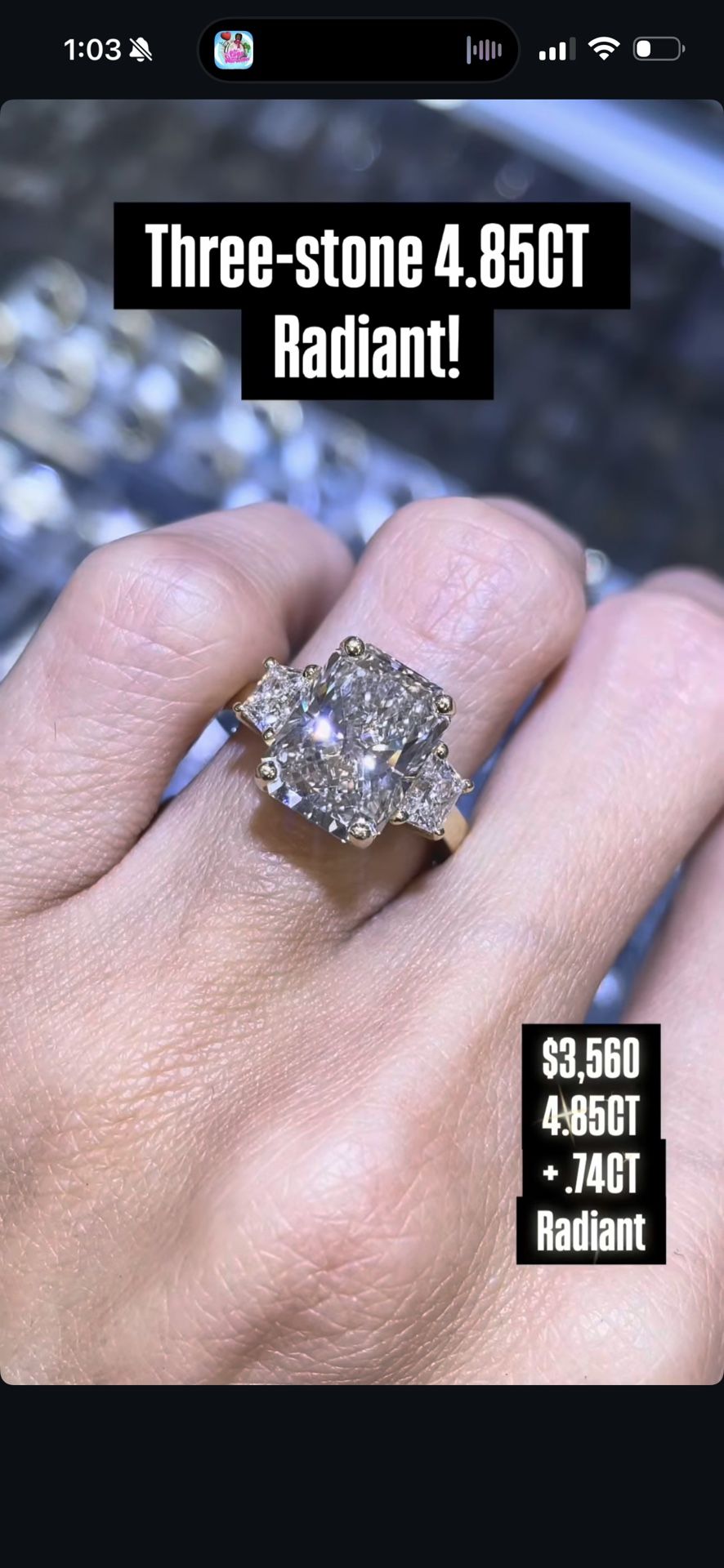 Three Stone 4.85CT .74CT Radiant Lab Grown Engagement Ring   