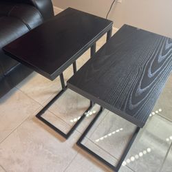 Two Black Wood And Metal Base Side Tables. 
