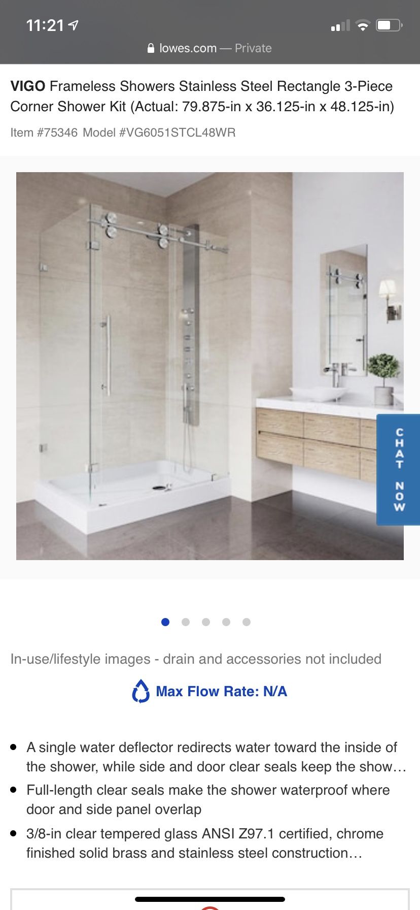 Vigo VG6051STCL48WR Winslow 48.13 in x 79.88 in. Frameless Bypass Shower Enclosure in Stainless Steel and Clear Glass with Right Base