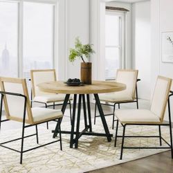 ROUND DINNING TABLE-OAK  FINISH /METAL  W 4 CREAM UPHOLSTERY  CHAIRS W