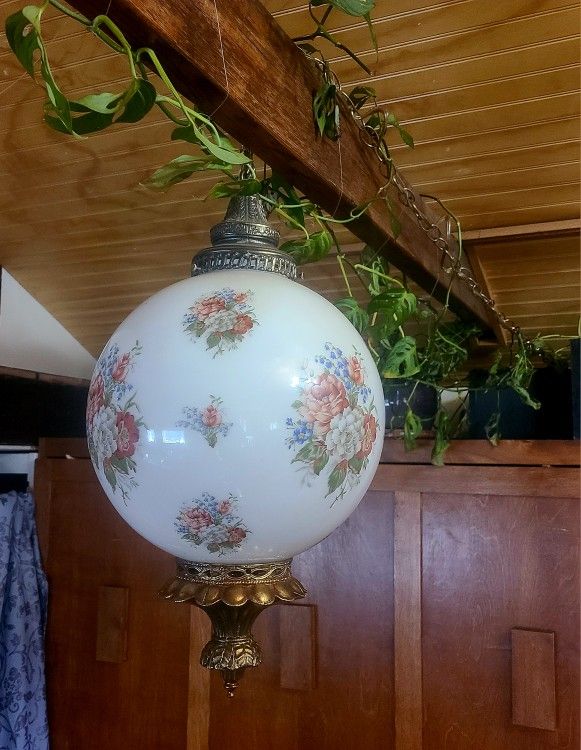 Vintage Hanging Glass Lamp With A Rose Floral Design