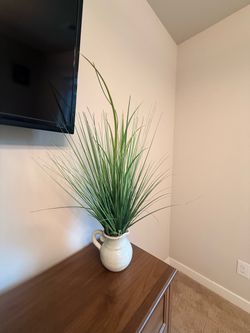 Faux Grass Plant in White Ceramic Vase