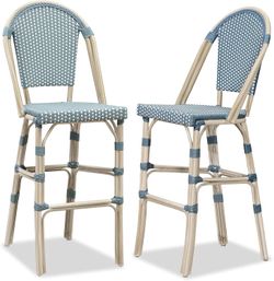 PURPLE LEAF Bar Stools 30" Set of 2 French Rattan Aluminum, Light Blue