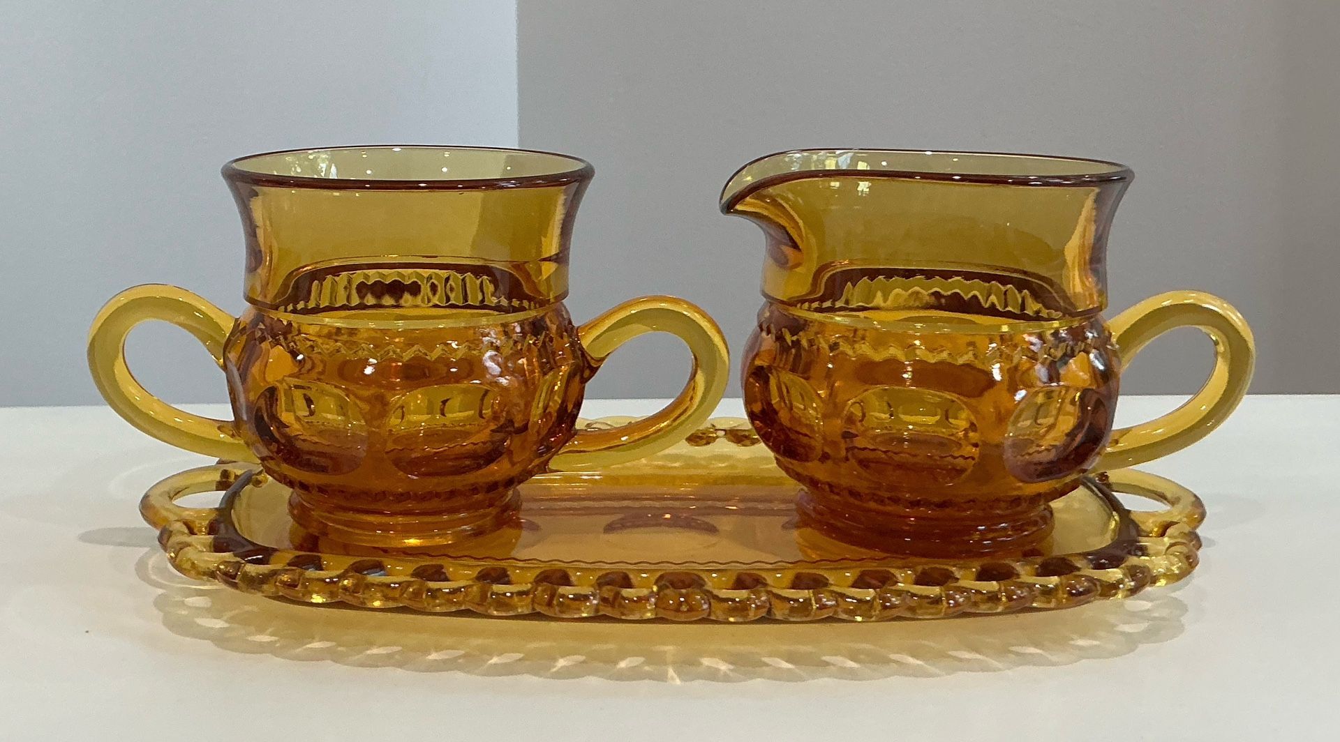 Vintage Kings Crown Thumbprint 3 Piece Amber Glass Cream, Sugar & Tray Set