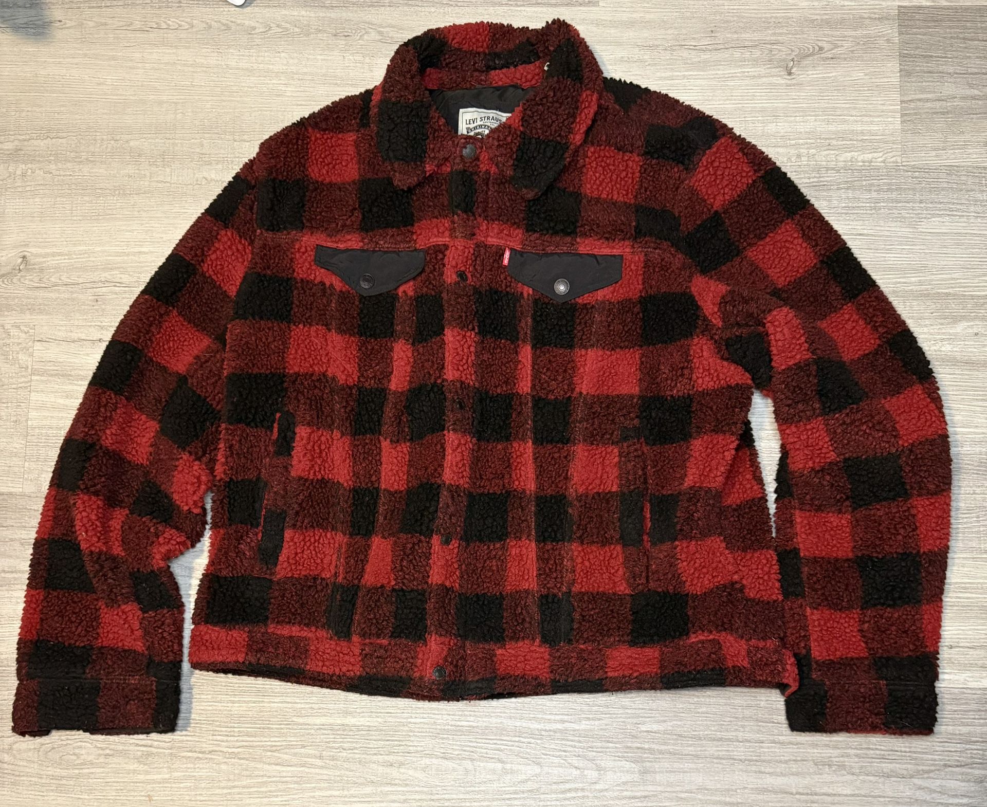LEVIS SHERPA TRUCKER JACKET CRIMSON BUFFALO RED BLACK PLAID SIZE XL