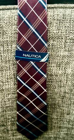 Nautica Mens Necktie Burgundy White And Navy Geometric 100% Silk NWT