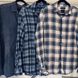 Lot Of 3 Men’s Blue Plaid Long Sleeve Button Down Shirts 100% Linen Size Medium
