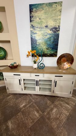 Nantucket white modern 76” glass tv stand with doors entertainment center