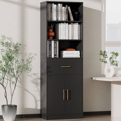 71 Inches Bookcase with Drawer, 6-Tier Tall Bookshelf with Storage Cabinet, Wooden Storage Organizer with 3-Tier Open Shelves for Study, Living Room, 