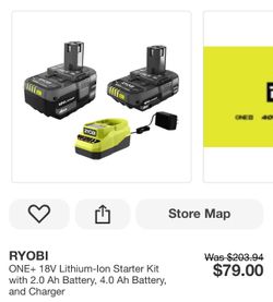 RYOBI ONE+ 18V Lithium-Ion Starter Kit with 2.0 Ah Battery, 4.0 Ah Battery, and Charger