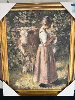 LA VACHERE COWHERD COW PEASANT GIRL SEWING PAINTING BY THEODORE ROBINSON REPRO