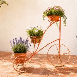 Vintage metal tricycle plant stand with charming cottage garden style. Features three planter holders and decorative scrollwork details. Perfect for d