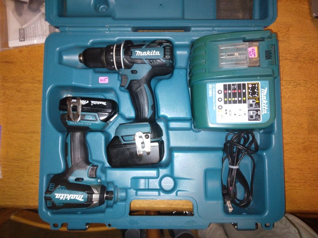 Makita Professional 18 Volt Hammer Drill Impact Driver Brushless Kit With 2 Battery Charger And Hard Shell Case