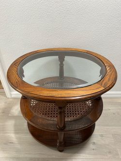 Vintage Oak Cane Glass Top 3-Tier Side Table Round Plant Stand Nightstand MCM