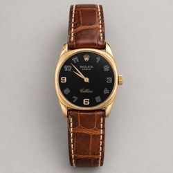 Rolex Cellini Men’s Automatic Dress Watch 33mm 18K Gold Case Black Dial Brown Strap