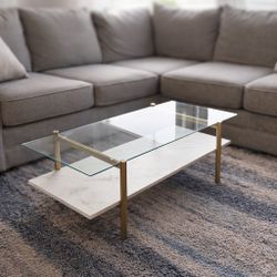 Modern Glass Coffee Table / TV Stand w Gold Legs & Marble Look Shelf