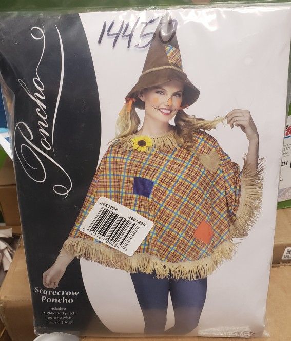 Womens Fun Scarecrow Poncho Thanksgiving Patches Costume Plaid Cute Halloween