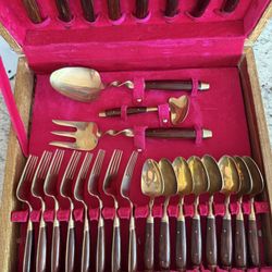 29-Piece Brass and Rosewood Flatware Set