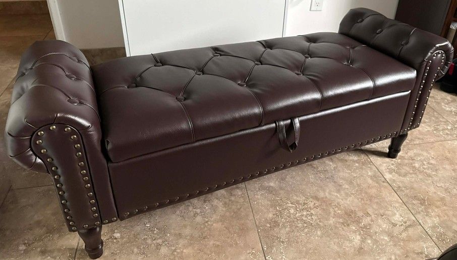 button-tufted faux leather storage ottoman bench with nailhead trim