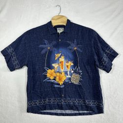 Big Dogs Hawaiian Shirt XL Blue Tropical Cocktail Palm Tree Rayon Button Up