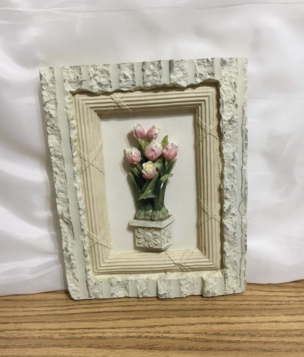 Vintage 3D Wall Plaque Pink Tulips Flowers Textured Frame Shabby Chic Cottage 9”