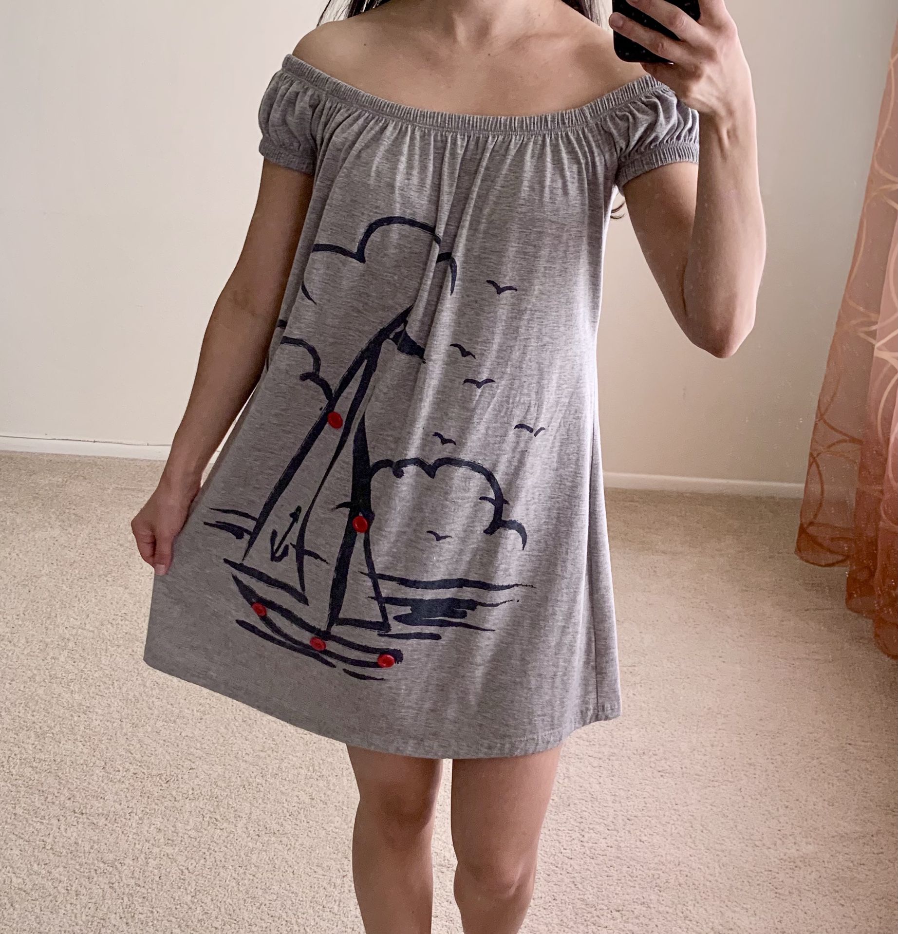 Gray Sailboat Shift / T Shirt Dress with Button Detail