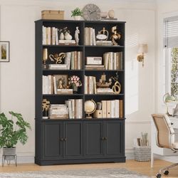 73'' Bookcase and Bookshelves with Doors, Double Wide Wood Display Bookshelves for Living Room Home Office, Black