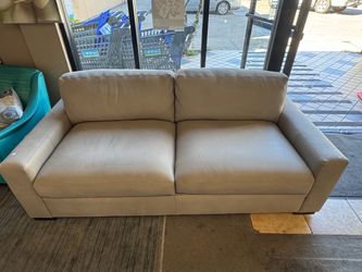 Restoration Hardware Light Gray Leather Two-Seat Sofa