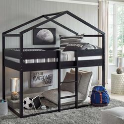 Flannibrook Black Twin over Twin House Loft Bed