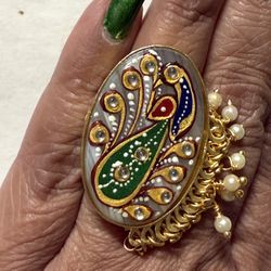 Peacock HAND-PAINTED Indian Golden W/BEADS Ring Kundan Bollywood Adjustable