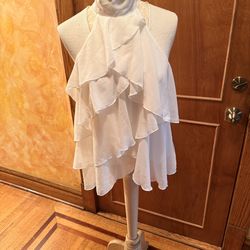 White Ruffled Halter Blouse by Zeagoo
