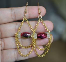 Rainbow bead gold plated chain chandelier earring