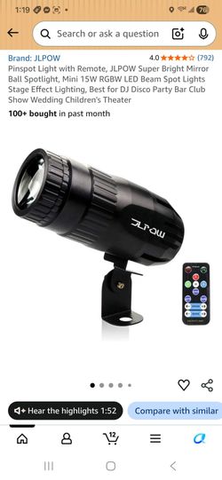 Pinspot Light with Remote, JLPOW Super Bright Mirror Ball Spotlight, Mini 15W RGBW LED Beam Spot Lights Stage Effect Lighting, Best for DJ Disco Party