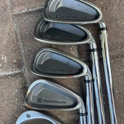 wilson mens golf set 7 pc in right hand : driver / putter / 5 irons , plus golf cart bag with club organizer and shoulder strap . See pictures for det