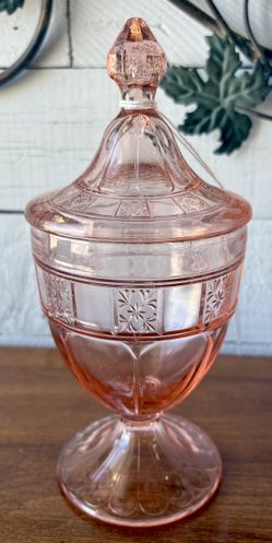 1935 pink depression, glass candy dish