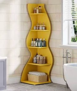 J0489 Modern Corner Shelf, 5-Tier Corner Bookshelf WavyBookcase for Small Space, Living Room (Yellow)