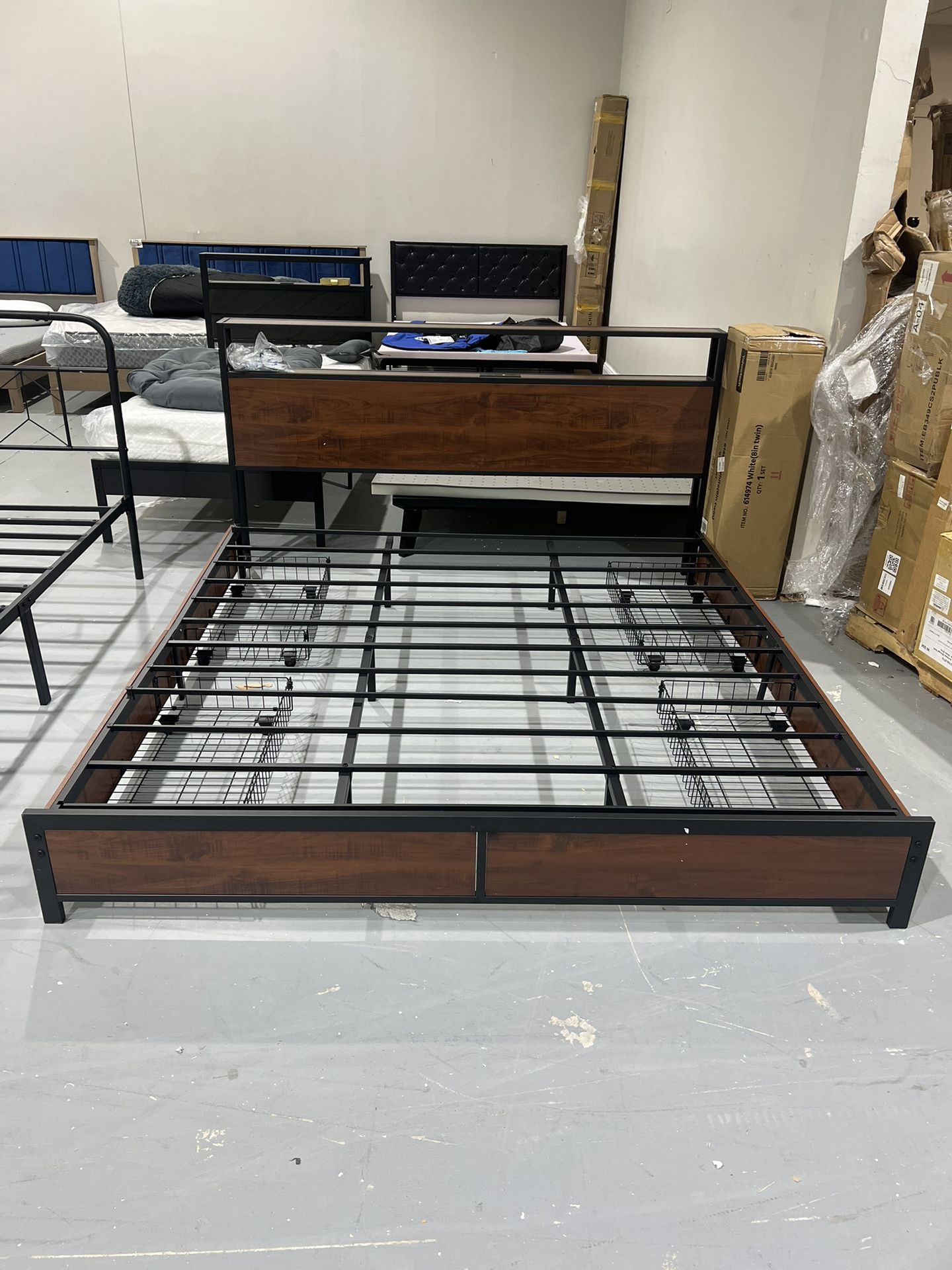 M-New (Damages) King Bed Frame with 2-Tier Storage Headboard, Metal Platform Bed Frame with 4 Storage Drawers, Built in Charging Station & LED, Noise-