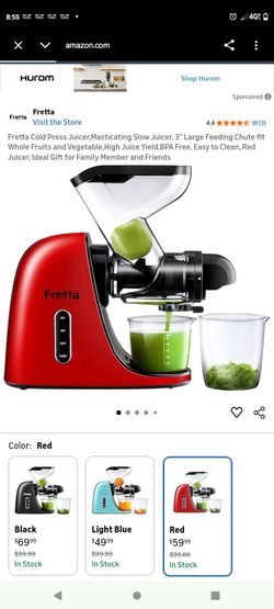 Fretta Cold Press Juicer,Masticating Slow Juicer, 3'' Large Feeding Chute fit Whole Fruits and Vegetable,High Juice Yield,BPA Free, Easy to Clean, Red