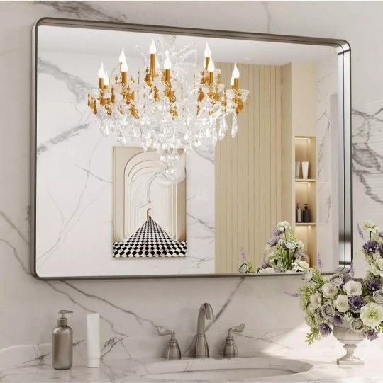 30”X40” Silver Bathroom Mirrors for Vanity, Rounded Rectangle Brushed Silver Metal Frame Mirror, Anti-Rust, Tempered Glass, Hangs Horizontally or Vert