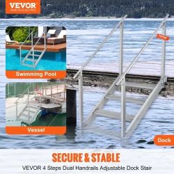Dock Ladder 4 Step, Dock Stairs 30''-38'' Adjustable Height, 500 lbs Load Capacity, Aluminum Pontoon Boat Ladder with Dual Handrails & Nonslip Mat for