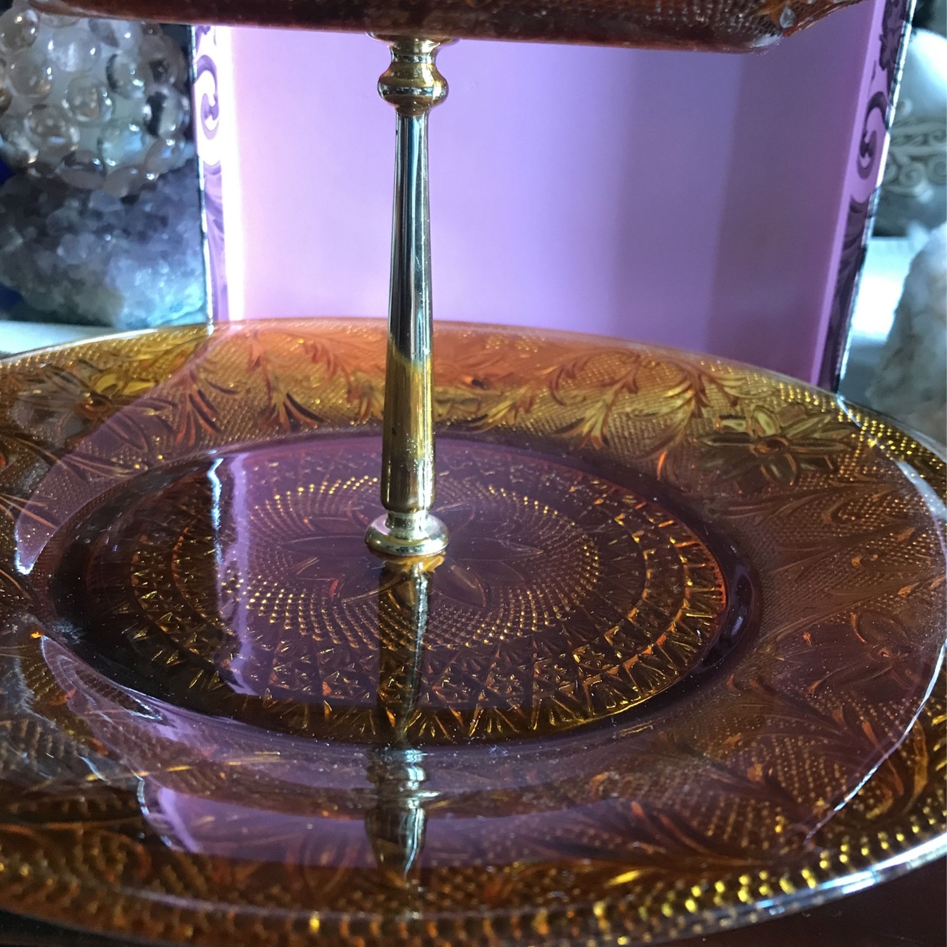 Vintage A Tiara Exclusive Two Tier Serving Tray Amber Gold