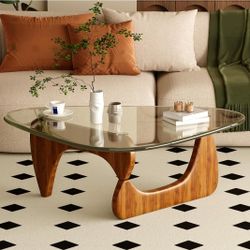 #1385G-Coffee Table for Living Room Mid Century Modern Center Table with Glass Top, Walnut Transparent