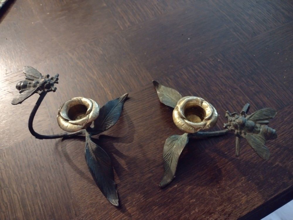 Solid Brass Bee Candle Holder With Candles.