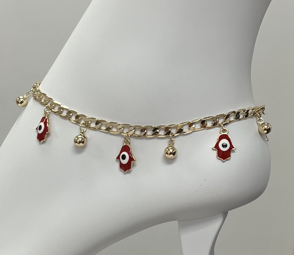 14k Gold Filled Protection Red Hamsa Eyes Charms Anklet Best Quality Guarantee ‼️