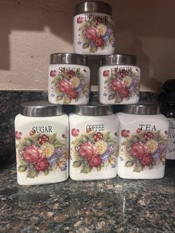 Vintage Canisters White With Pink Flowers 
