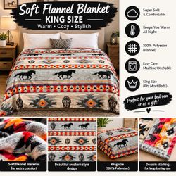 King Size Soft Flannel Blanket Western Horse Print