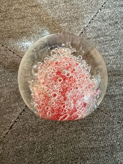 Art Glass Paperweight with Red Bubble Design